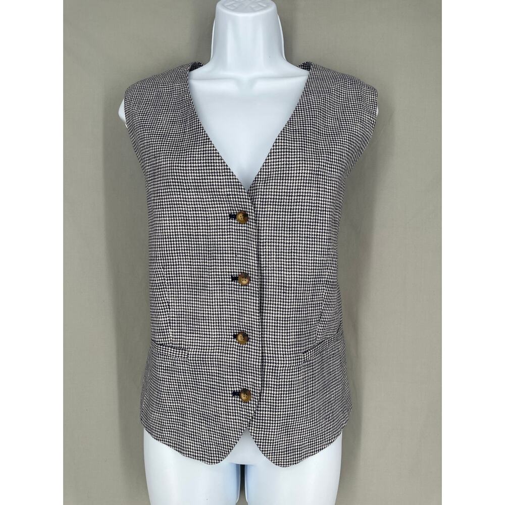90s Vintage Vest Womens Medium Blue Houndstooth Plaid Cottagecore Heritage